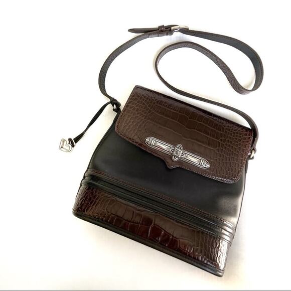Brighton crossbody bucket purse leather black & brown crocodile print embossed - Picture 1 of 15